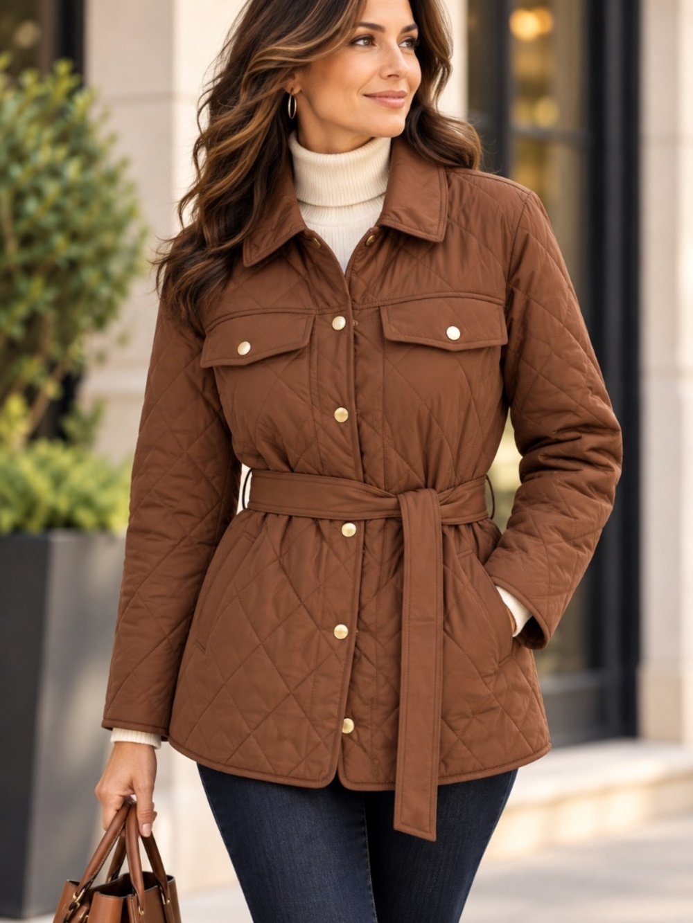 Talbots Brown Quilted Belted Shirt Jacket Gold Buttons NWT PXL
